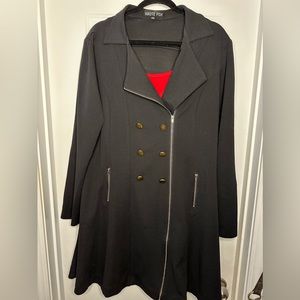 Plus size jacket dress with red camisole.